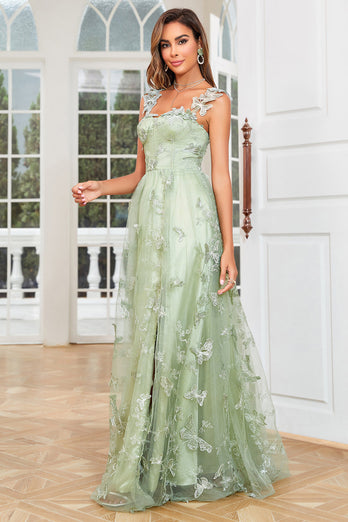 A Line Green Corset Long Tulle Formal Dress with 3D Butterflies Split Front