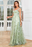 A Line Green Corset Long Tulle Formal Dress with 3D Butterflies Split Front