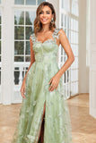 A Line Green Corset Long Tulle Formal Dress with 3D Butterflies Split Front