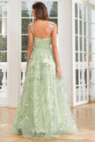 A Line Green Corset Long Tulle Formal Dress with 3D Butterflies Split Front