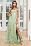 A Line Green Corset Long Tulle Formal Dress with 3D Butterflies Split Front