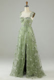 Green Corset Long Tulle Formal Dress with 3D Butterflies