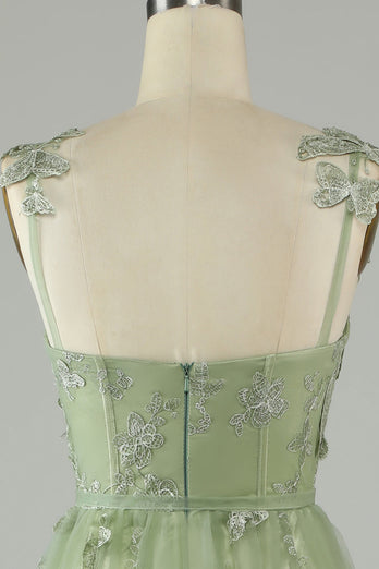 Green Corset Long Tulle Formal Dress with 3D Butterflies