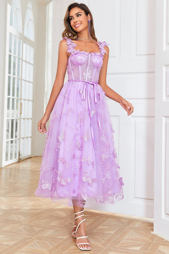 Unique A Line Purple Corset Formal Dress with Butterflies Appliques
