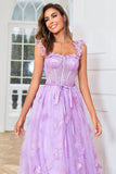 Unique A Line Purple Corset Formal Dress with Butterflies Appliques