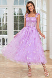 Unique A Line Purple Corset Formal Dress with Butterflies Appliques