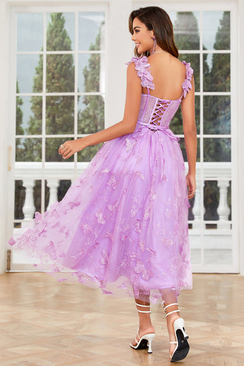 Unique A Line Purple Corset Formal Dress with Butterflies Appliques