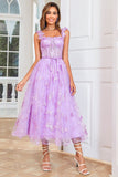 Unique A Line Purple Corset Formal Dress with Butterflies Appliques