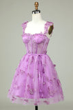 Cute A Line Sweetheart Purple Corset Short Formal Dress with Appliques