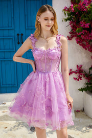 Purple A Line Corset Short Formal Dress with 3D Butterflies