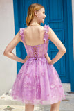 Purple A Line Corset Short Formal Dress with 3D Butterflies