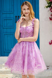 Purple A Line Corset Short Formal Dress with 3D Butterflies