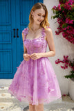 Purple A Line Corset Short Formal Dress with 3D Butterflies