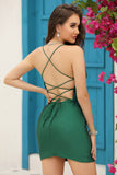 Sparkly Dark Green Beaded Tight Short Formal Dress with Lace