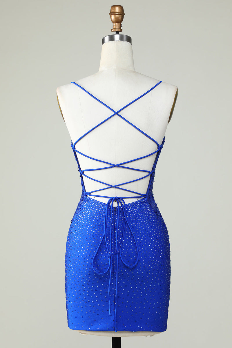 Load image into Gallery viewer, Sheath Spaghetti Straps Royal Blue Short Formal Dress with Beading