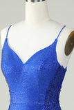 Sheath Spaghetti Straps Royal Blue Short Formal Dress with Beading