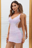 Sparkly Lilac Open Back Sequins Tight Short Formal Dress