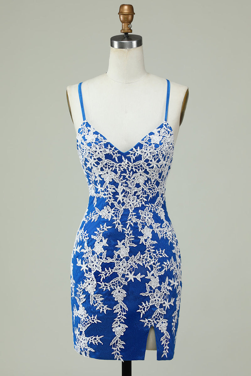 Load image into Gallery viewer, Spaghetti Straps Blue Sheath Short Formal Dress With Appliques