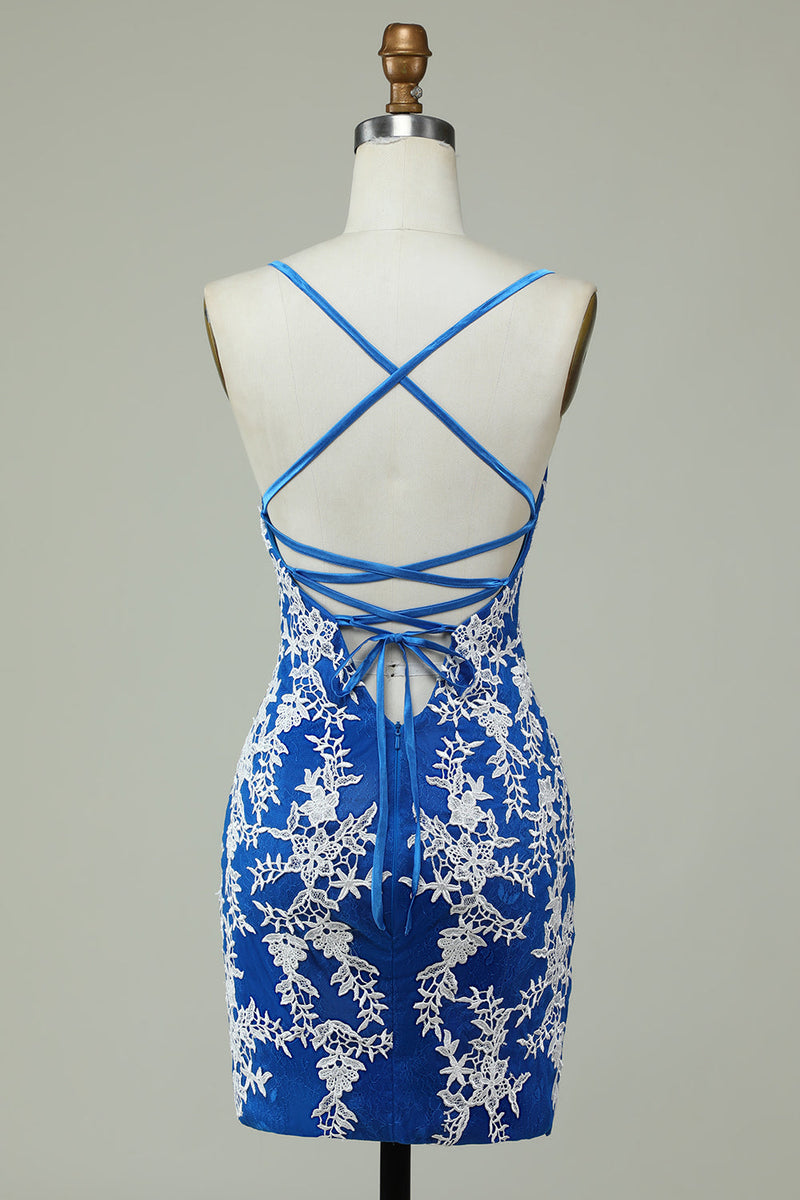 Load image into Gallery viewer, Spaghetti Straps Blue Sheath Short Formal Dress With Appliques