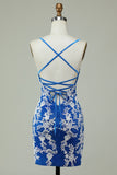 Spaghetti Straps Blue Sheath Short Formal Dress With Appliques