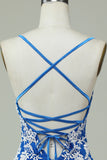 Spaghetti Straps Blue Sheath Short Formal Dress With Appliques