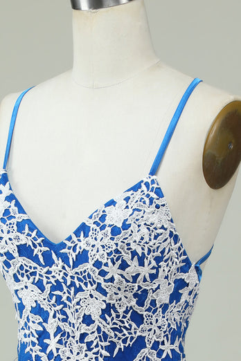 Spaghetti Straps Blue Sheath Short Formal Dress With Appliques