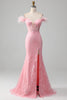 Load image into Gallery viewer, Mermaid Off the Shoulder Sparkly Pink Feathers Corset Formal Dress With Slit
