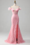 Mermaid Off the Shoulder Sparkly Pink Feathers Corset Formal Dress With Slit