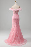 Mermaid Off the Shoulder Sparkly Pink Feathers Corset Formal Dress With Slit