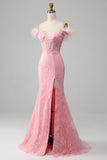 Mermaid Off the Shoulder Sparkly Pink Feathers Corset Formal Dress With Slit