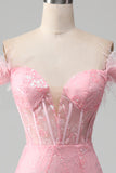 Mermaid Off the Shoulder Sparkly Pink Feathers Corset Formal Dress With Slit