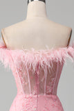 Mermaid Off the Shoulder Sparkly Pink Feathers Corset Formal Dress With Slit