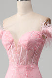 Mermaid Off the Shoulder Sparkly Pink Feathers Corset Formal Dress With Slit