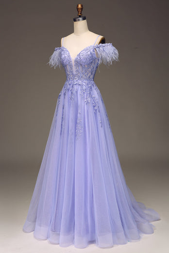 A-Line Cold Shoulder Lilac Corset Formal Dress with Appliques
