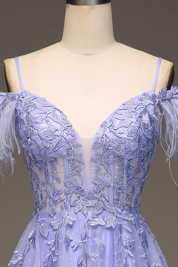 A-Line Cold Shoulder Lilac Corset Formal Dress with Appliques