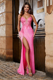 Pink Spaghetti Straps Glitter Sequin Mermaid Formal Dress with Slit