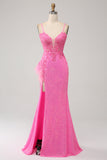 Trendy Mermaid Spaghetti Straps Pink Sequins Long Formal Dress with Appliques