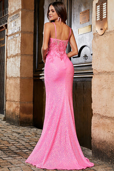 Pink Spaghetti Straps Glitter Sequin Mermaid Formal Dress with Slit