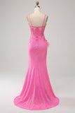 Trendy Mermaid Spaghetti Straps Pink Sequins Long Formal Dress with Appliques