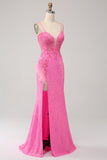 Trendy Mermaid Spaghetti Straps Pink Sequins Long Formal Dress with Appliques