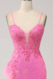 Trendy Mermaid Spaghetti Straps Pink Sequins Long Formal Dress with Appliques