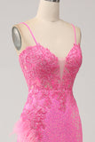 Trendy Mermaid Spaghetti Straps Pink Sequins Long Formal Dress with Appliques