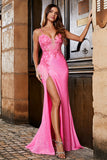 Pink Spaghetti Straps Glitter Sequin Mermaid Formal Dress with Slit