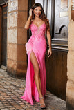 Pink Spaghetti Straps Glitter Sequin Mermaid Formal Dress with Slit