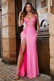 Pink Spaghetti Straps Glitter Sequin Mermaid Formal Dress with Slit