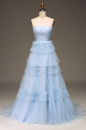Tulle Light Blue Tiered Formal Dress with Slit