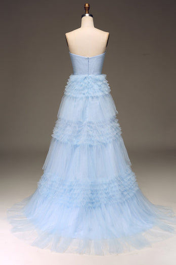 Tulle Light Blue Tiered Formal Dress with Slit
