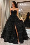 Trendy A Line Sweetheart Black Corset Formal Dress with Ruffles