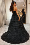 Trendy A Line Sweetheart Black Corset Formal Dress with Ruffles