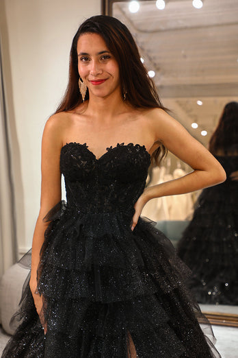 Trendy A Line Sweetheart Black Corset Formal Dress with Ruffles